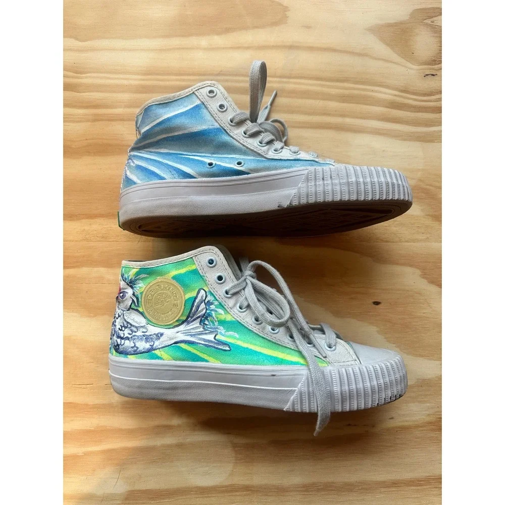 PF Flyers Center Hi Top Sneakers Women 9.5 Blue Green Koi Fish Wave Print Canvas